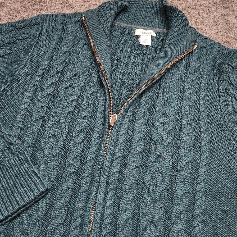 LL Bean Womens Turquoise Teal Cable Knit Cardigan Zip Sweater Medium Mock Neck